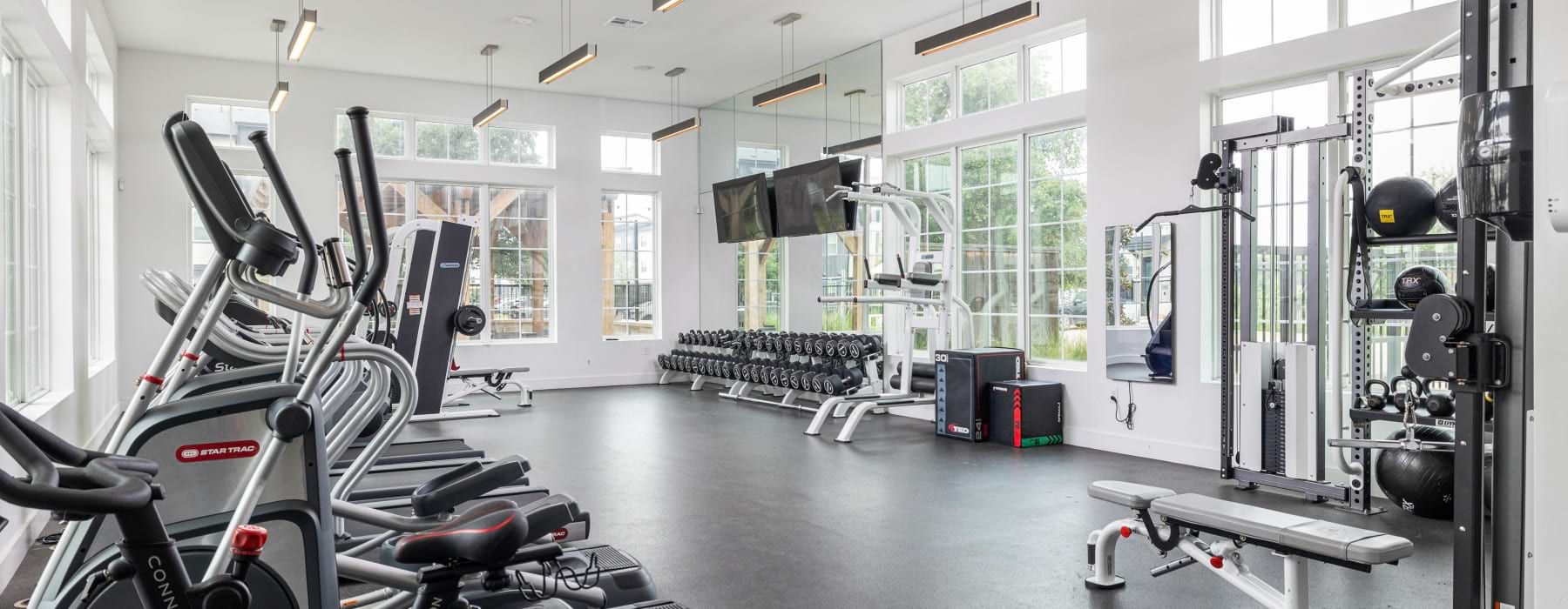 Fitness center with cardio and strength equipment at Spectra Parks luxury apartments in Austin, TX.